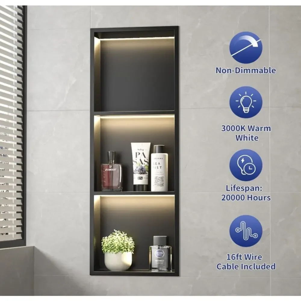 36x12 Black LED Shower Niche Stainless Steel 3 Shelf Recessed